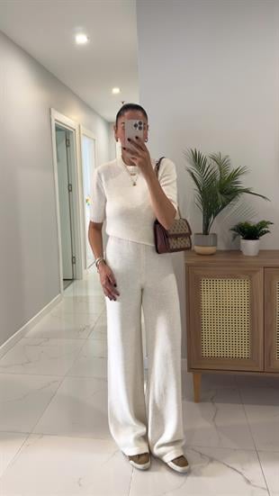 MD Emily Ekru Kısa Kol Triko Pantolon Takım