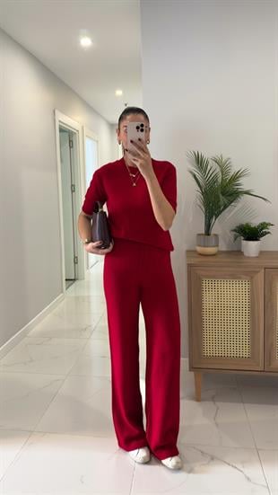MD Emily Kırmızı Kısa Kol Triko Pantolon Takım