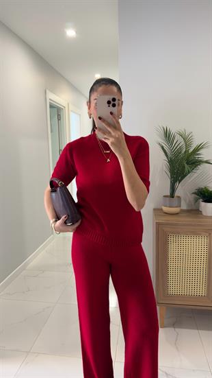 MD Emily Kırmızı Kısa Kol Triko Pantolon Takım