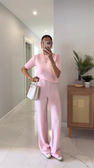 MD Emily Pembe Kısa Kol Triko Pantolon Takım