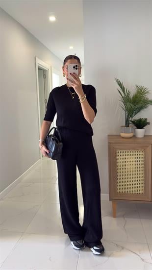 MD Emily Siyah Kısa Kol Triko Pantolon Takım