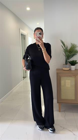 MD Emily Siyah Kısa Kol Triko Pantolon Takım