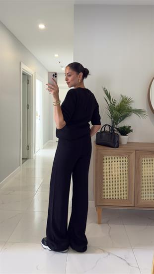 MD Emily Siyah Kısa Kol Triko Pantolon Takım