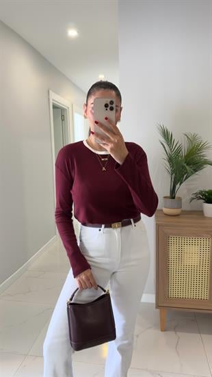 MD Esse Bordo Yakası Biyeli Uzun Kol Bluz