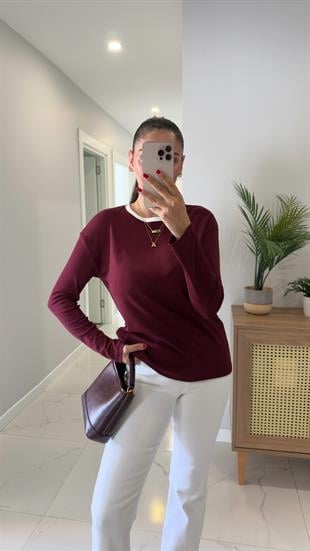 MD Esse Bordo Yakası Biyeli Uzun Kol Bluz