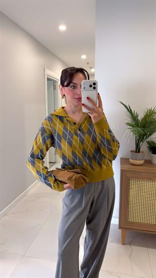 MD Fetra Olive Gri Polo Yaka Baklava Desenli Triko