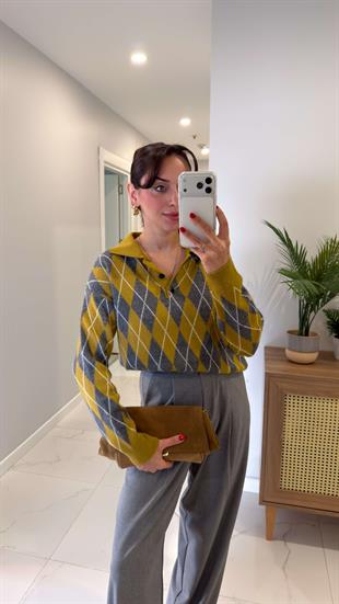 MD Fetra Olive Gri Polo Yaka Baklava Desenli Triko
