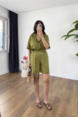 MD Gabriel Olive Cep Detaylı Gömlek Şort Takım