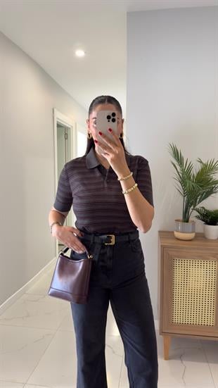 MD Guyna Antrasit Bordo Polo Yaka Çizgili Triko
