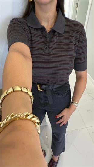 MD Guyna Antrasit Bordo Polo Yaka Çizgili Triko