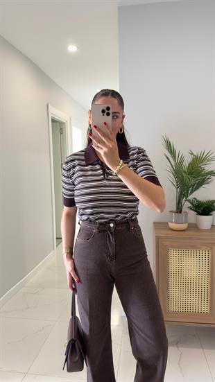 MD Guyna Kahve Ekru Polo Yaka Çizgili Triko