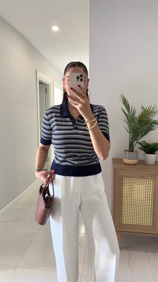 MD Guyna Lacivert Ekru Polo Yaka Çizgili Triko