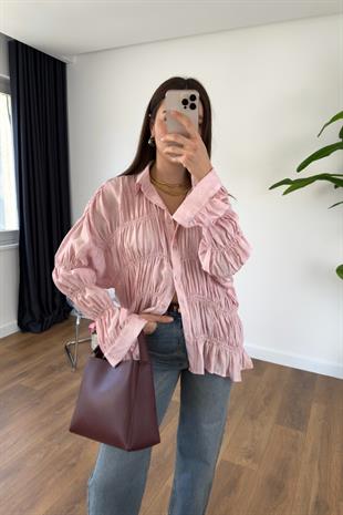 MD Hislan Pembe Büzgülü Fırfırlı Gömlek