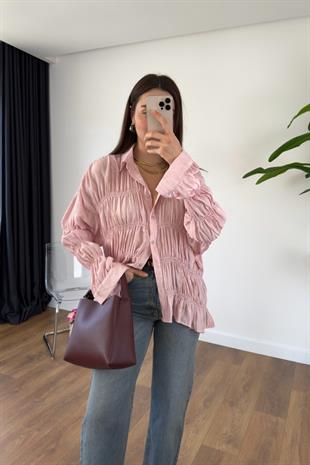 MD Hislan Pembe Büzgülü Fırfırlı Gömlek