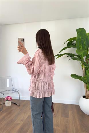 MD Hislan Pembe Büzgülü Fırfırlı Gömlek