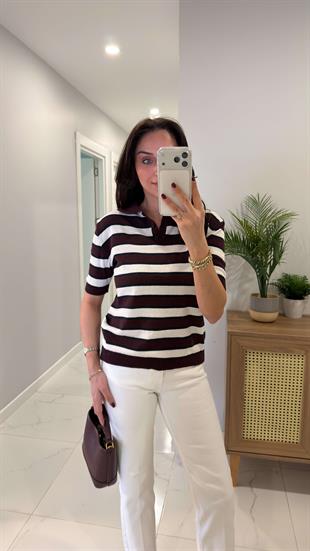 MD Hisrot Bordo Ekru Çizgili Polo Yaka Kısa Kol Triko