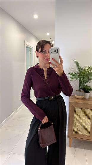 MD Hunay Bordo Polo Yaka Düğmeli Triko