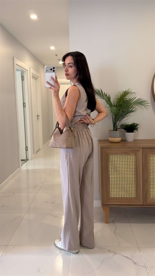 MD Jinna Bej Tensel Yelek Pantolon Takım