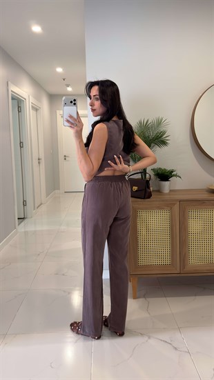 MD Jinna Kahve Tensel Yelek Pantolon Takım