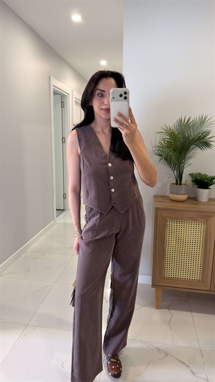 MD Jinna Kahve Tensel Yelek Pantolon Takım