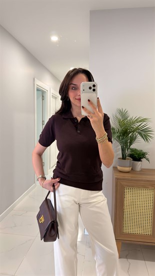 MD Juno Acı Kahve Polo Yaka Kısa Kollu Triko
