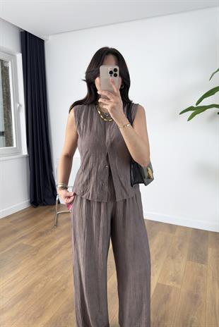 MD Lizya Kahve Gizli Düğme Detaylı Pantolon Takım