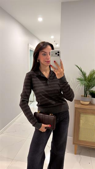 MD Medra Antrasit Kahve Çizgili Polo Yaka Triko