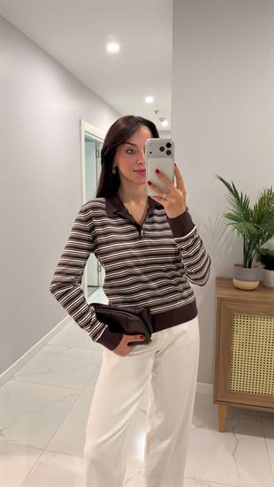 MD Medra Kahve Beyaz Çizgili Polo Yaka Triko