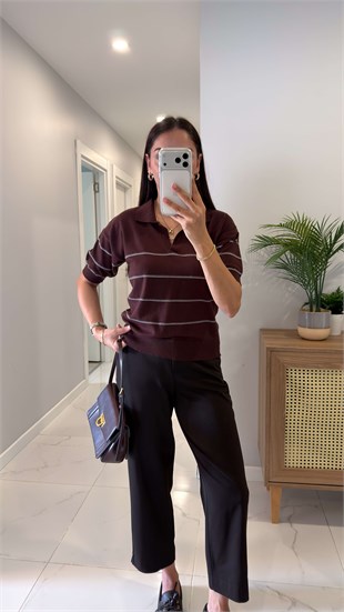 MD Nella Kahve Polo Yaka Kısa Kollu Triko
