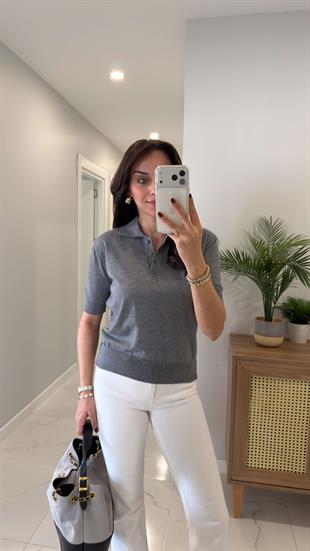 MD News Gri Polo Yaka Kısa Kollu Triko