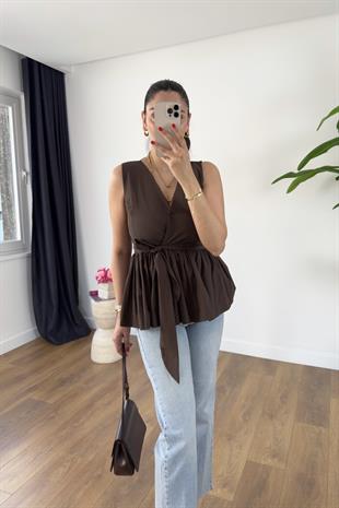 MD Perla Acı Kahve V Yaka Bağlama Detaylı Bluz