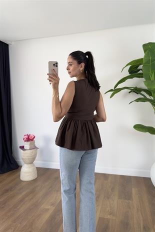 MD Perla Acı Kahve V Yaka Bağlama Detaylı Bluz