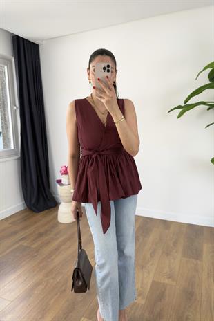 MD Perla Bordo V Yaka Bağlama Detaylı Bluz