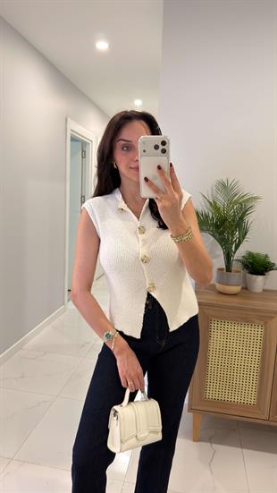 MD Reflas Ekru Gold Toka Detaylı Triko Yelek