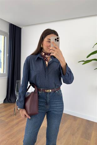 MD Sesla Mavi Cep Detaylı Denim Gömlek