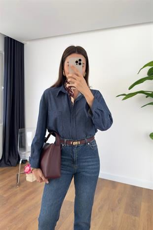 MD Sesla Mavi Cep Detaylı Denim Gömlek
