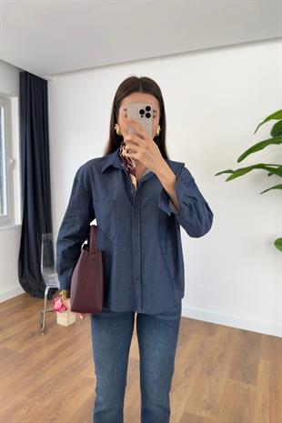 MD Sesla Mavi Cep Detaylı Denim Gömlek