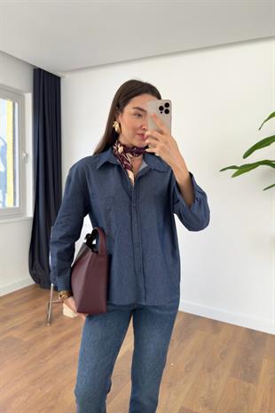 MD Sesla Mavi Cep Detaylı Denim Gömlek