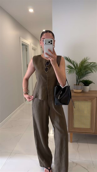 MD Silla Haki Keten Kolsuz Bluz Pantolon Takım