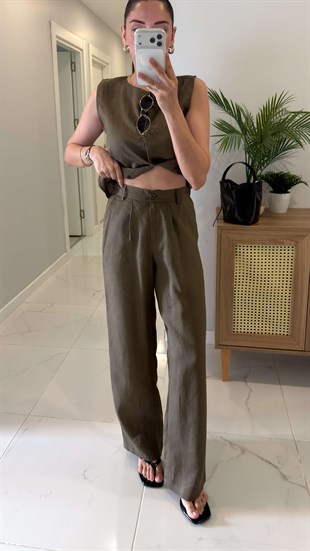 MD Silla Haki Keten Kolsuz Bluz Pantolon Takım