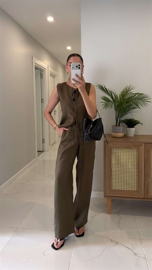 MD Silla Haki Keten Kolsuz Bluz Pantolon Takım