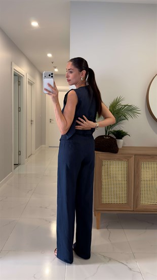 MD Silla Lacivert Keten Kolsuz Bluz Pantolon Takım