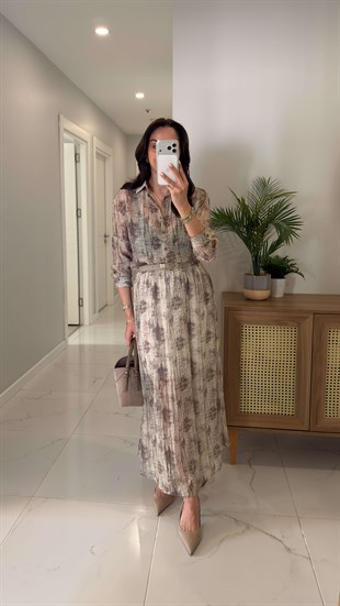 MD Sinste Bej Desenli Gömlek Etek Takım