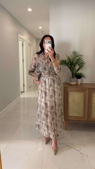 MD Sinste Bej Desenli Gömlek Etek Takım