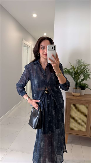 MD Sinste Mavi Desenli Gömlek Etek Takım