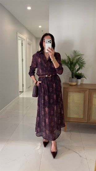 MD Sinste Mürdüm Desenli Gömlek Etek Takım