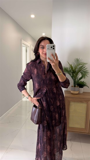 MD Sinste Mürdüm Desenli Gömlek Etek Takım