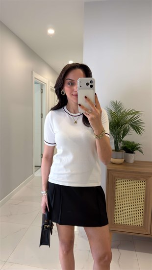 MD Sterad Ekru Şerit Detaylı Kısa Kollu Triko