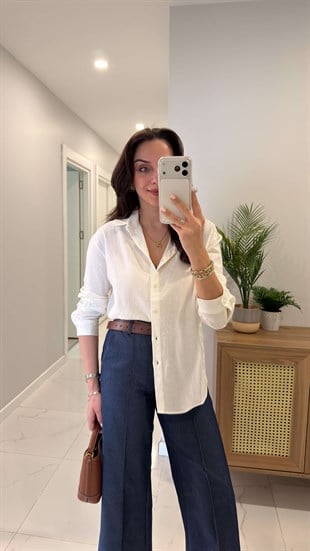 MD Stras Ekru Keten Gömlek