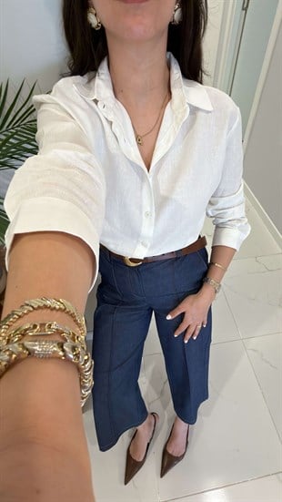 MD Stras Ekru Keten Gömlek